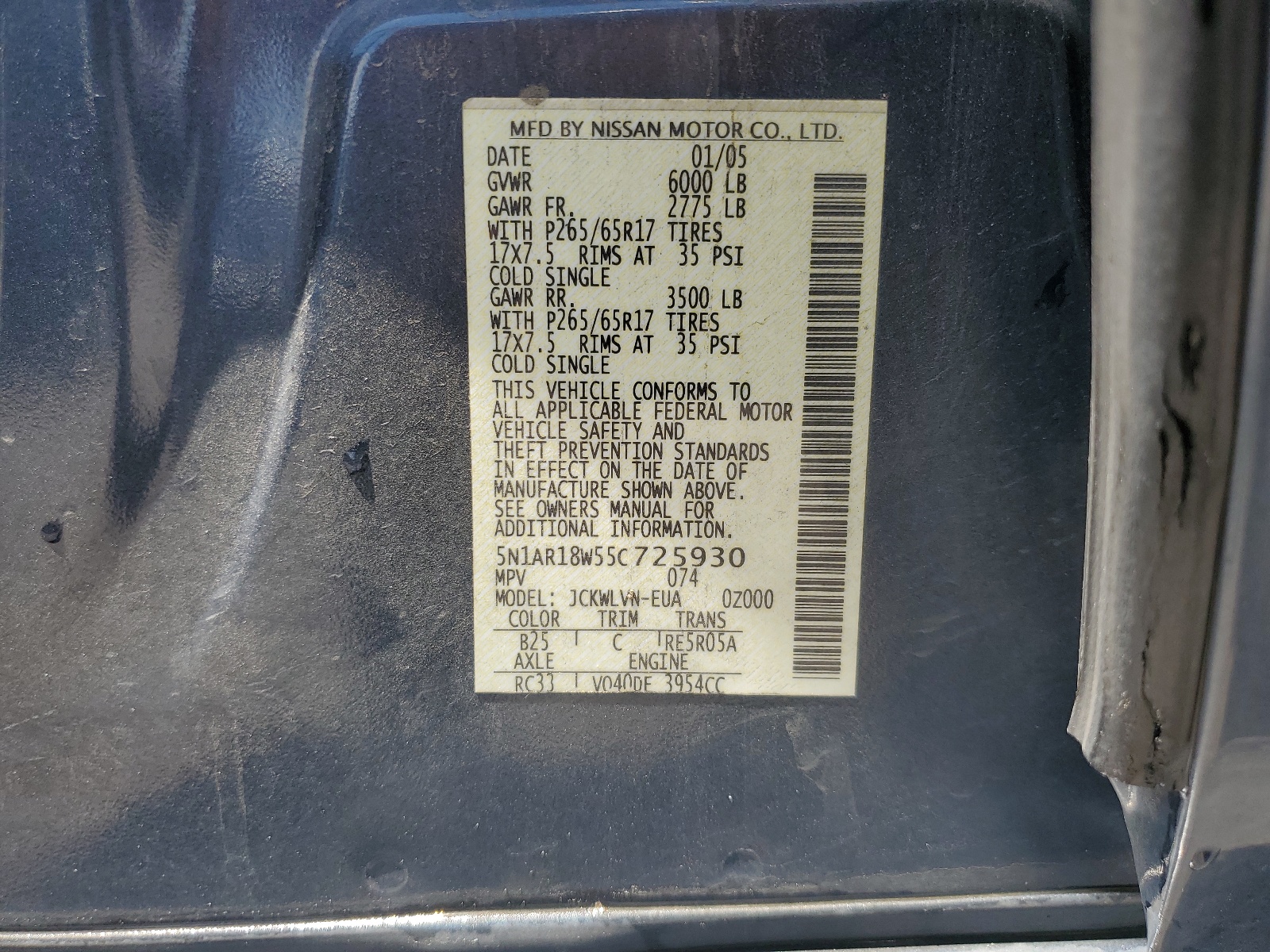 5N1AR18W55C725930 2005 Nissan Pathfinder Le