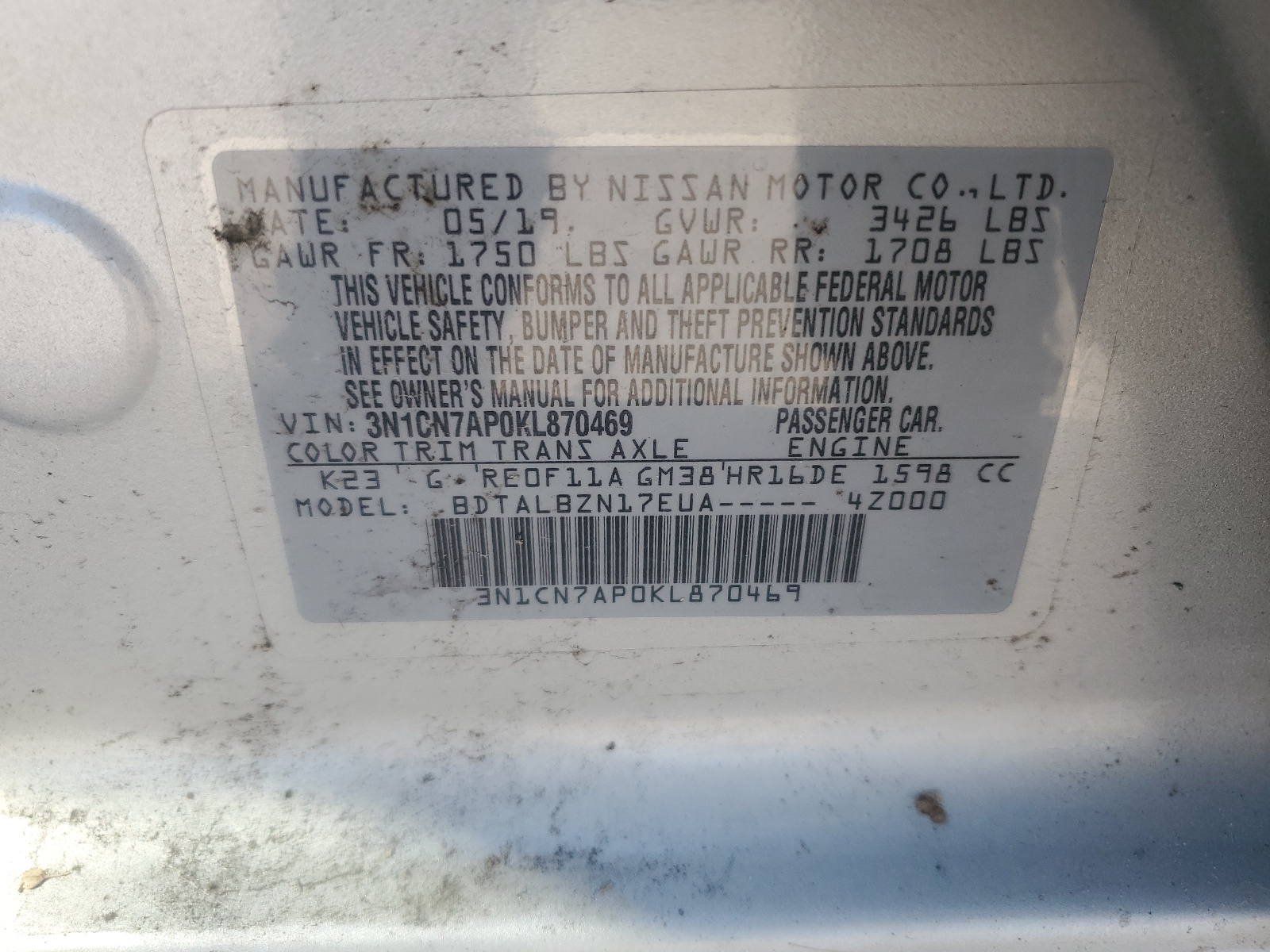 3N1CN7AP0KL870469 2019 Nissan Versa S