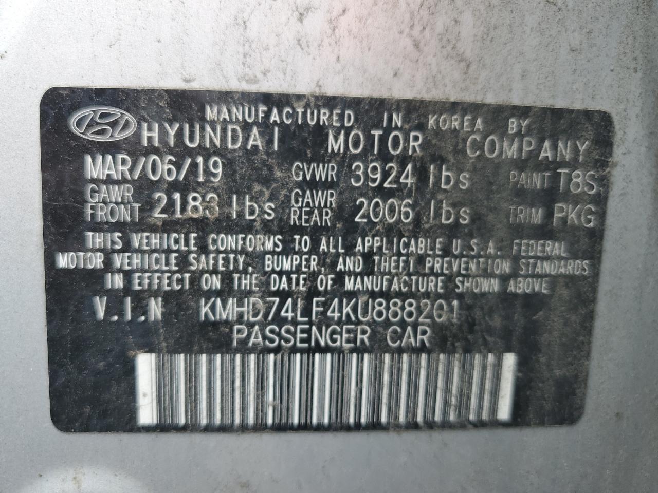 KMHD74LF4KU888201 2019 Hyundai Elantra Se