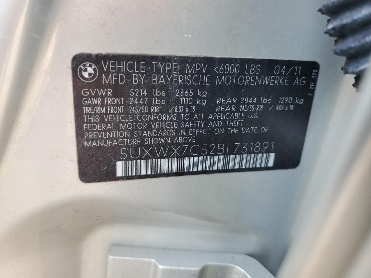 2011 BMW X3 xDrive35I VIN: 5UXWX7C52BL731891 Lot: 62321104