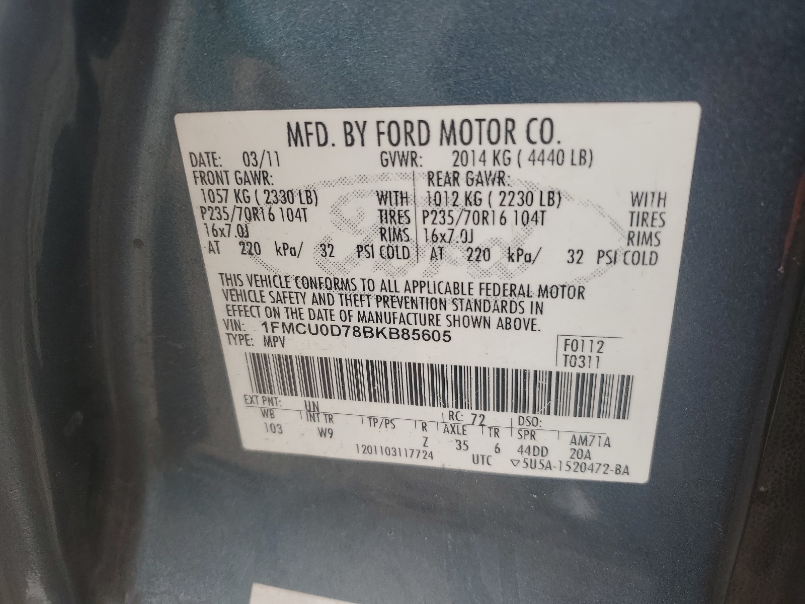 1FMCU0D78BKB85605 2011 Ford Escape Xlt