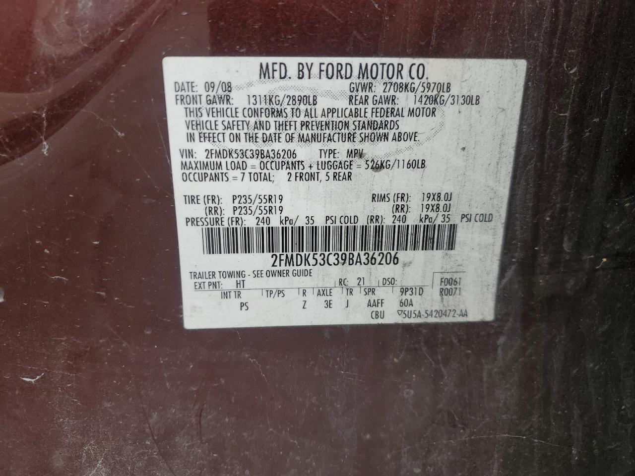 2009 Ford Flex Limited VIN: 2FMDK53C39BA36206 Lot: 64397884