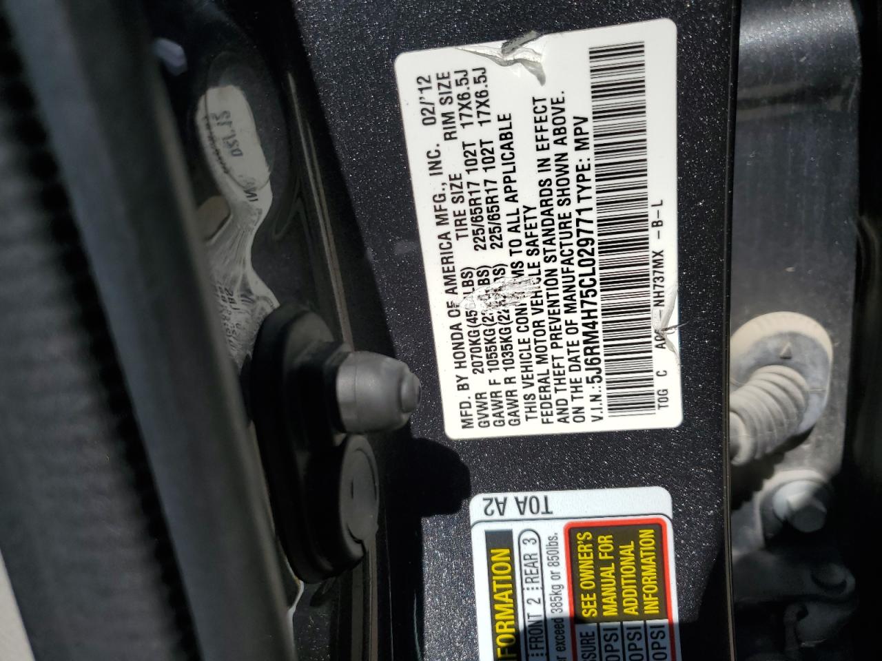 2012 Honda Cr-V Exl VIN: 5J6RM4H75CL029771 Lot: 63984484