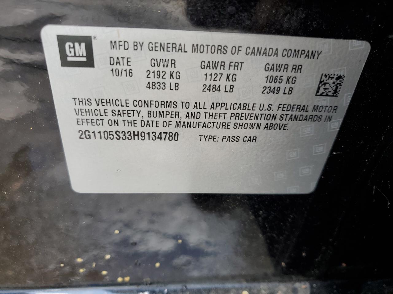 2017 Chevrolet Impala Lt VIN: 2G1105S33H9134780 Lot: 76593234