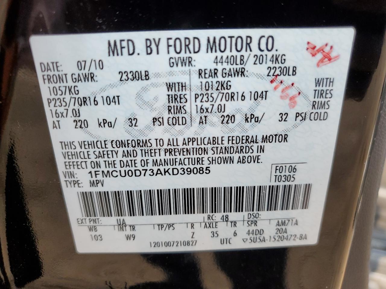 2010 Ford Escape Xlt VIN: 1FMCU0D73AKD39085 Lot: 64092794