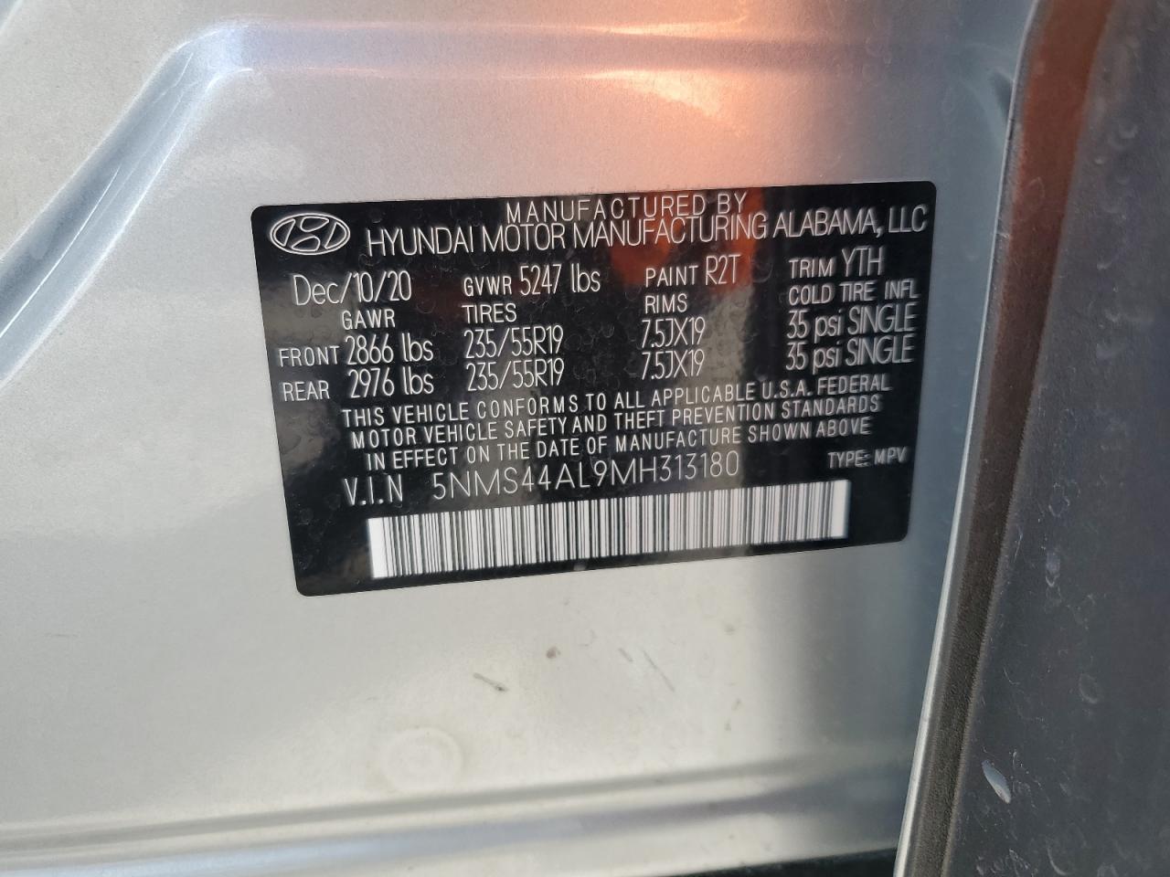 2021 Hyundai Santa Fe Limited VIN: 5NMS44AL9MH313180 Lot: 64007434
