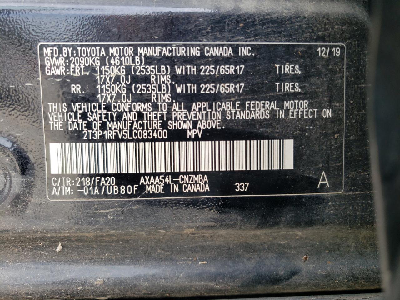 2020 Toyota Rav4 Xle VIN: 2T3P1RFV5LC083400 Lot: 63459854