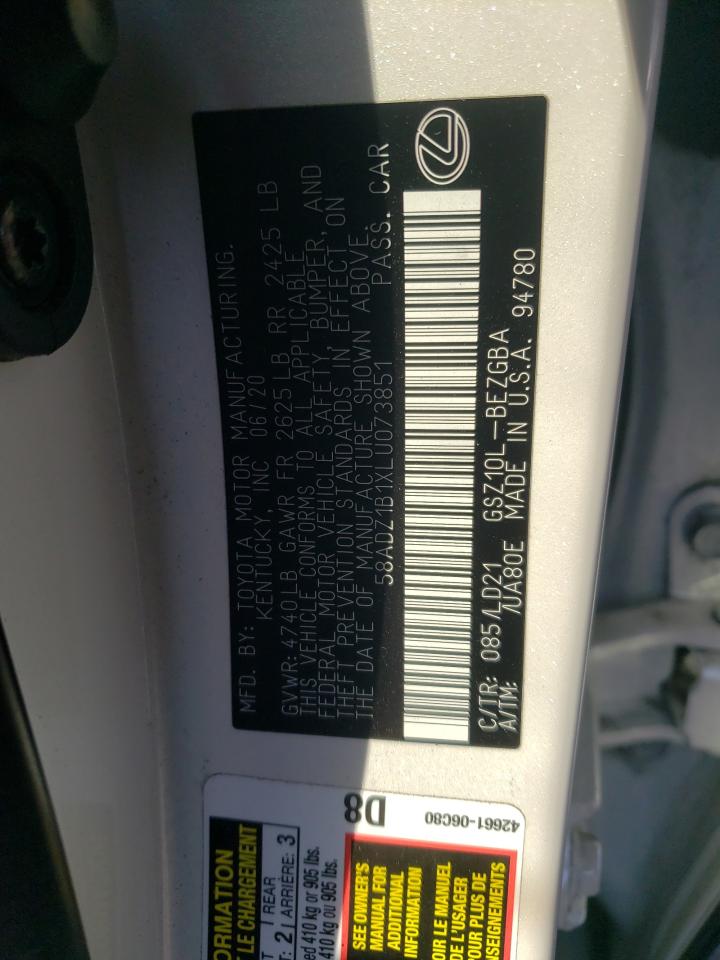 2020 Lexus Es 350 VIN: 58ADZ1B1XLU073851 Lot: 63419714