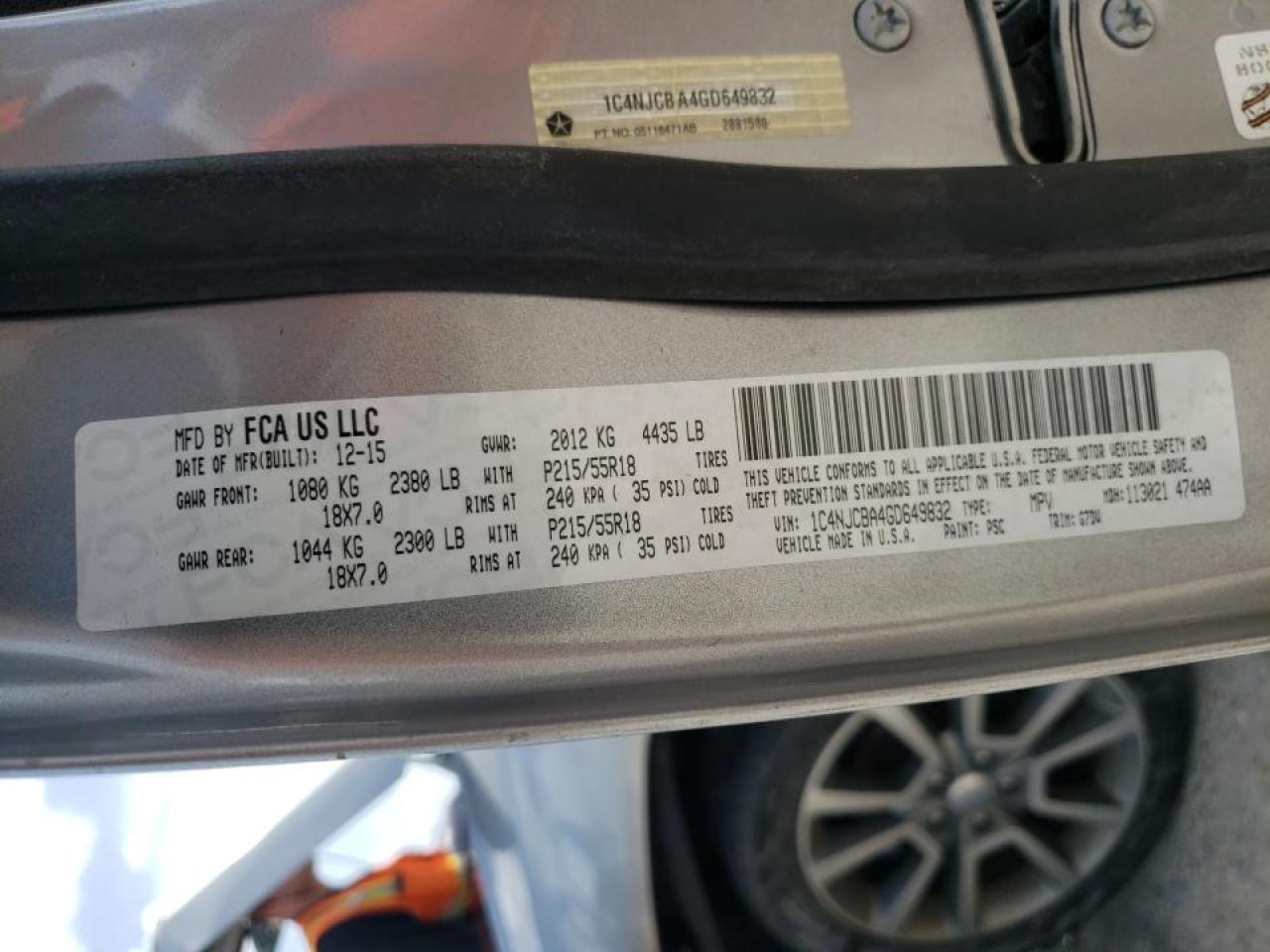 2016 Jeep Compass Sport VIN: 1C4NJCBA4GD649832 Lot: 63931724