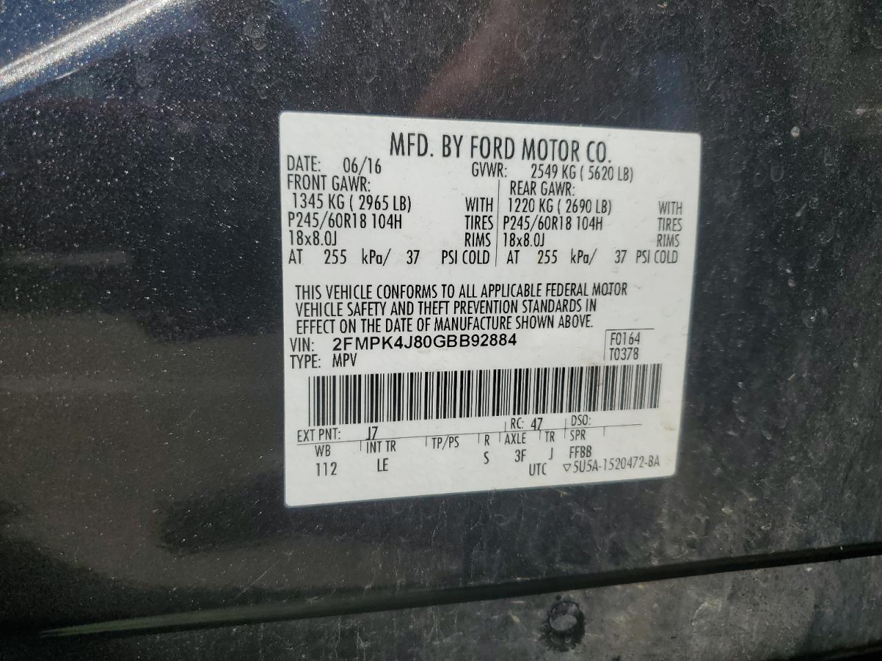 2016 Ford Edge Sel VIN: 2FMPK4J80GBB92884 Lot: 64003924