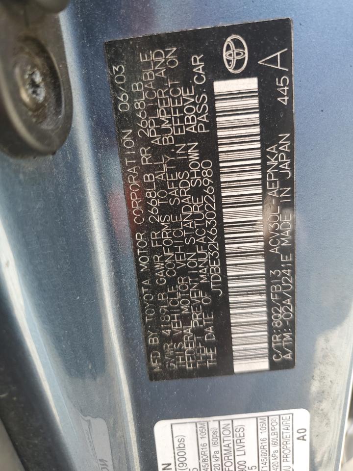 2003 Toyota Camry Le VIN: JTDBE32K630226980 Lot: 63635364