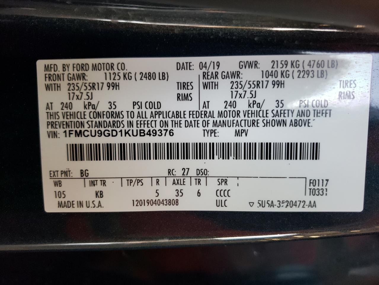 1FMCU9GD1KUB49376 2019 Ford Escape Se