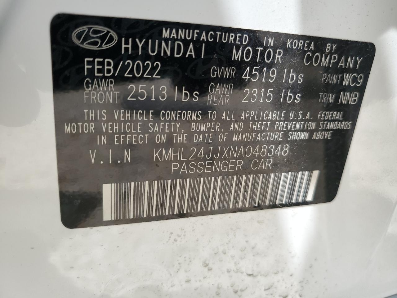 2022 Hyundai Sonata Hybrid VIN: KMHL24JJXNA048348 Lot: 65349624