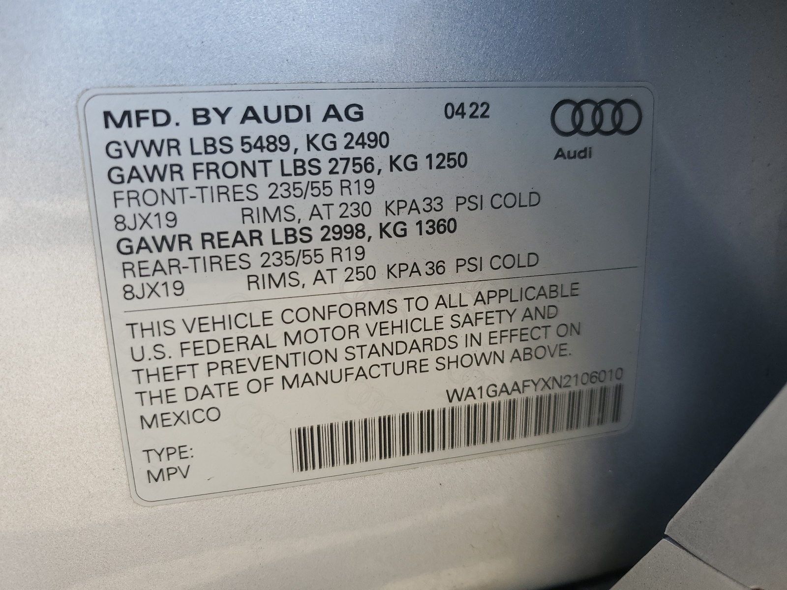 WA1GAAFYXN2106010 2022 Audi Q5 Premium 45