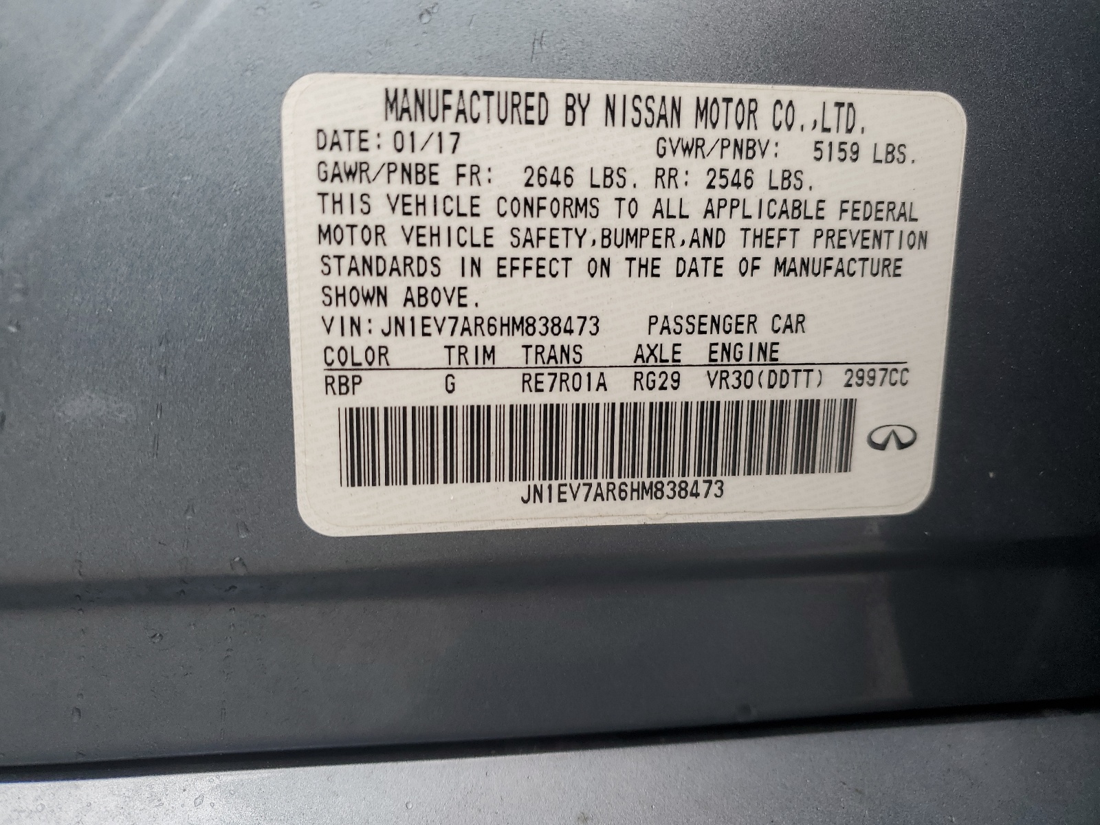 JN1EV7AR6HM838473 2017 Infiniti Q50 Premium