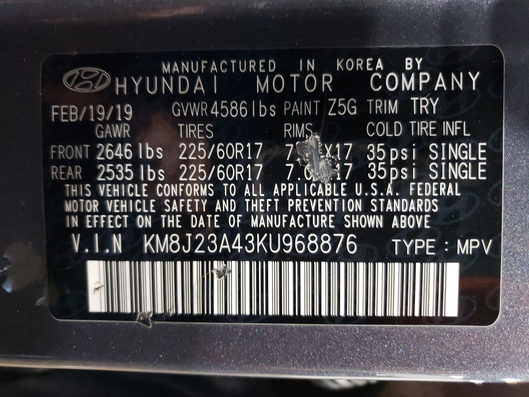 KM8J23A43KU968876 2019 Hyundai Tucson Se
