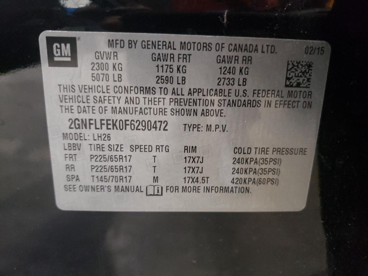 2015 Chevrolet Equinox Lt VIN: 2GNFLFEK0F6290472 Lot: 64569104