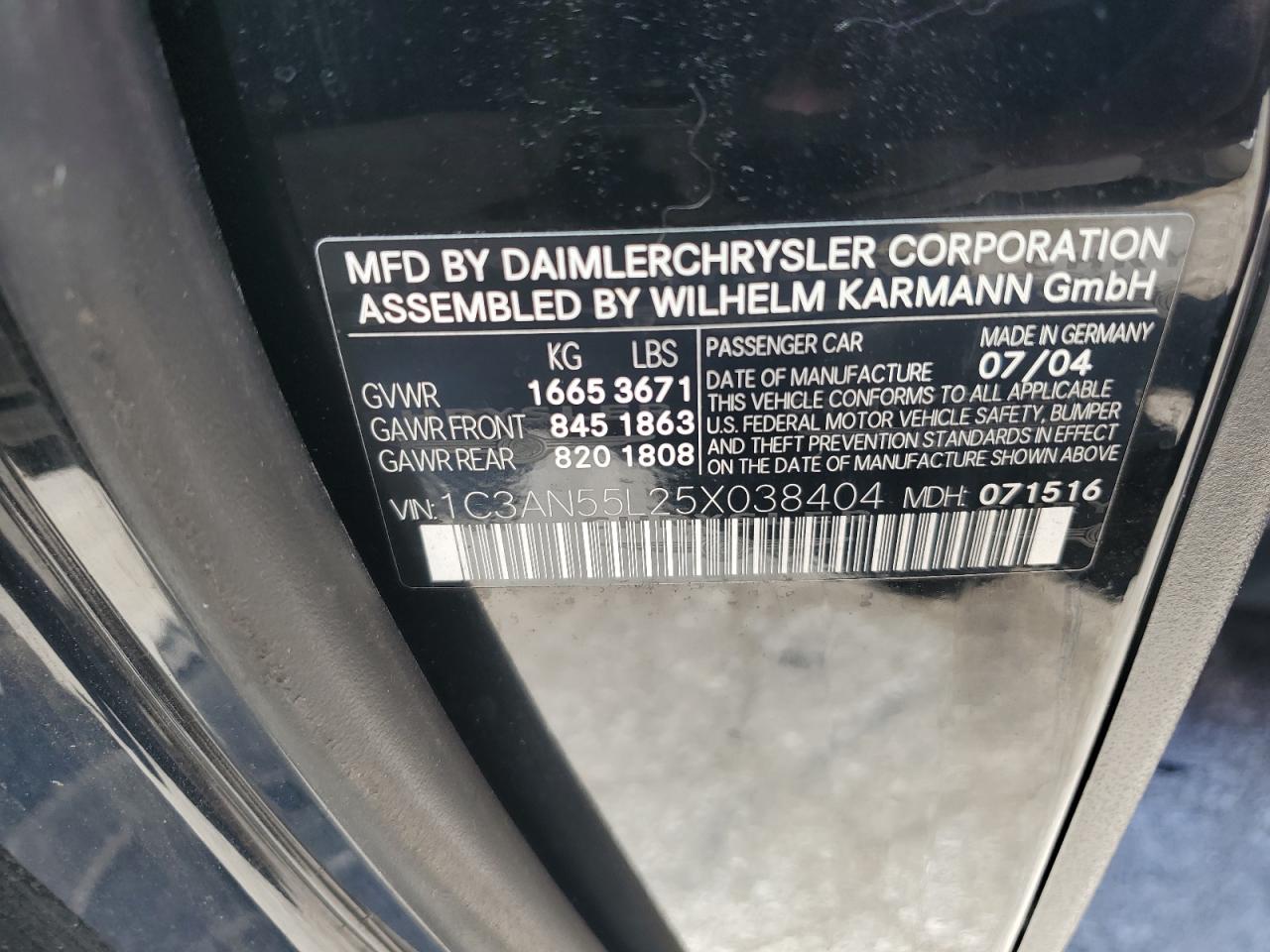 2005 Chrysler Crossfire VIN: 1C3AN55L25X038404 Lot: 61649834