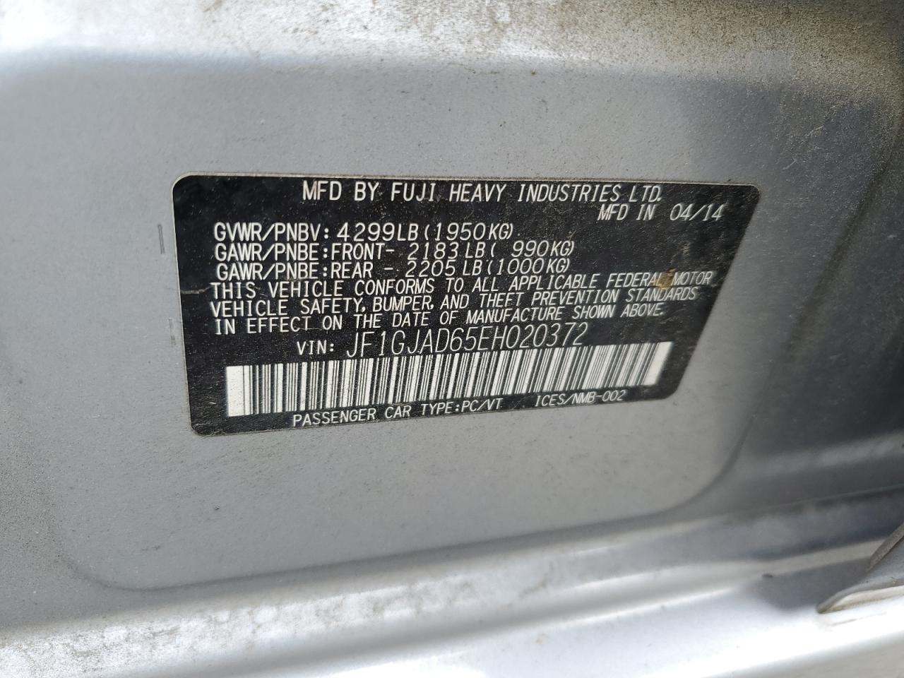 2014 Subaru Impreza Premium VIN: JF1GJAD65EH020372 Lot: 65428364