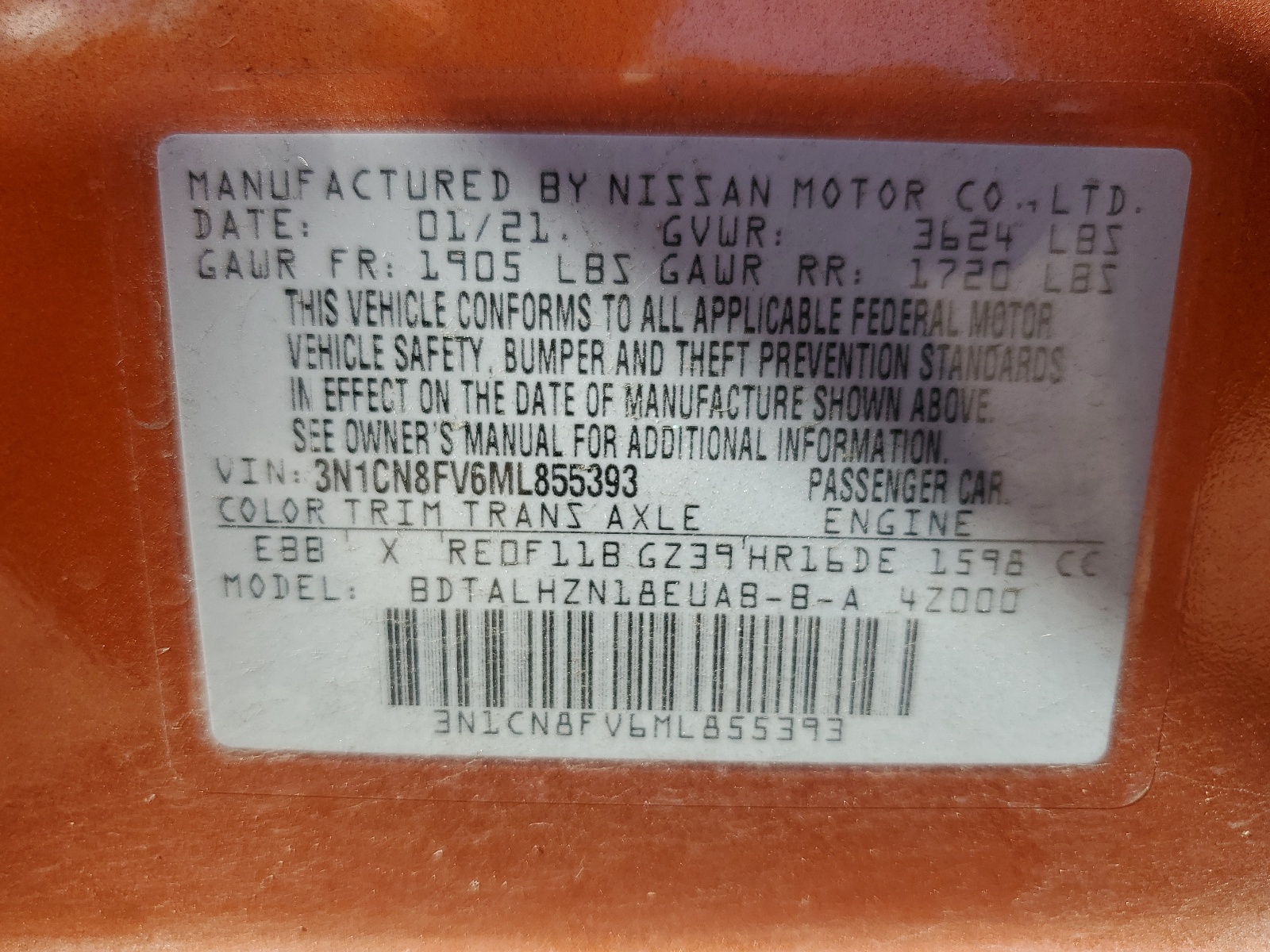 3N1CN8FV6ML855393 2021 Nissan Versa Sr