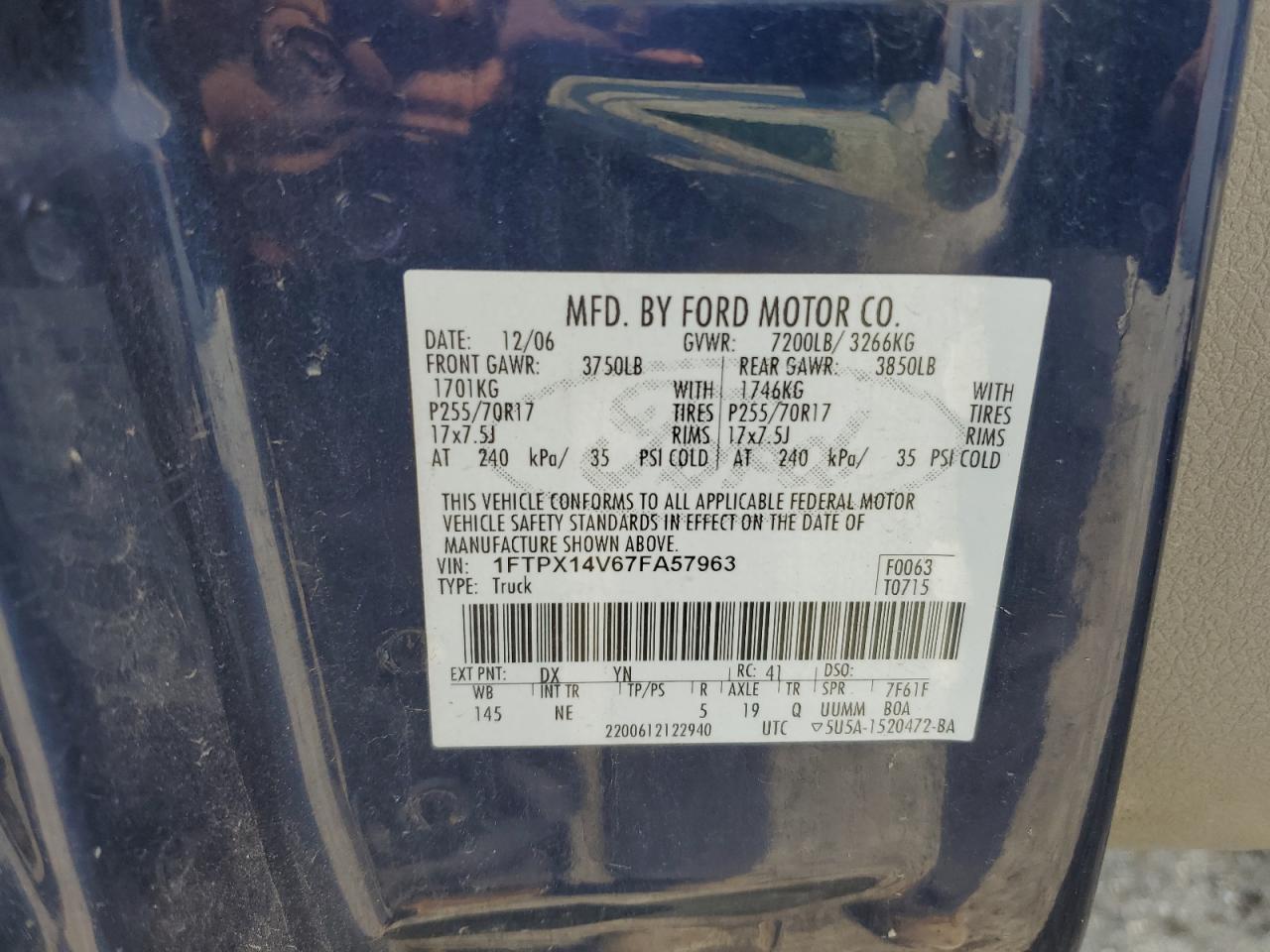 2007 Ford F150 VIN: 1FTPX14V67FA57963 Lot: 64300824