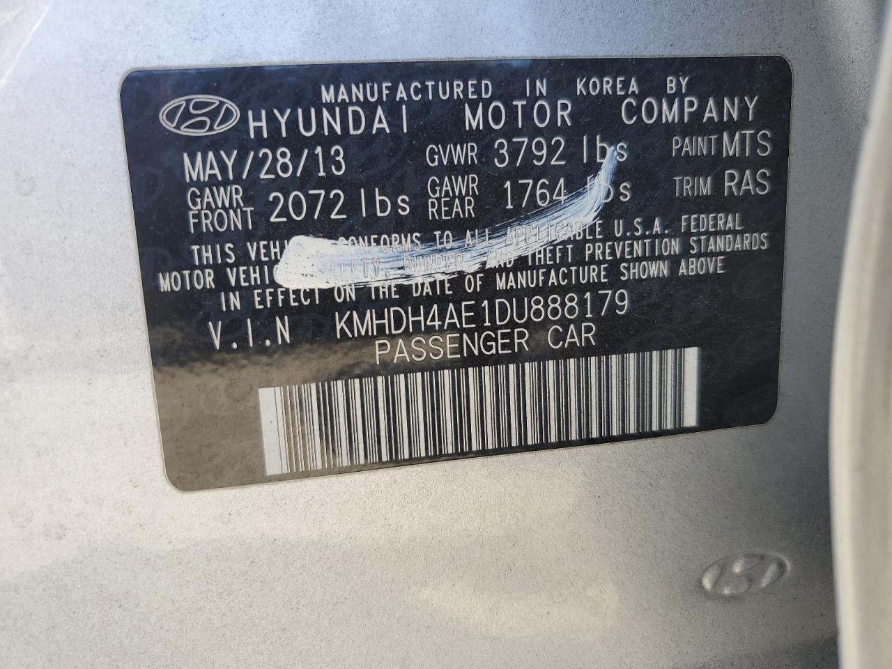 2013 Hyundai Elantra Gls VIN: KMHDH4AE1DU888179 Lot: 63872724