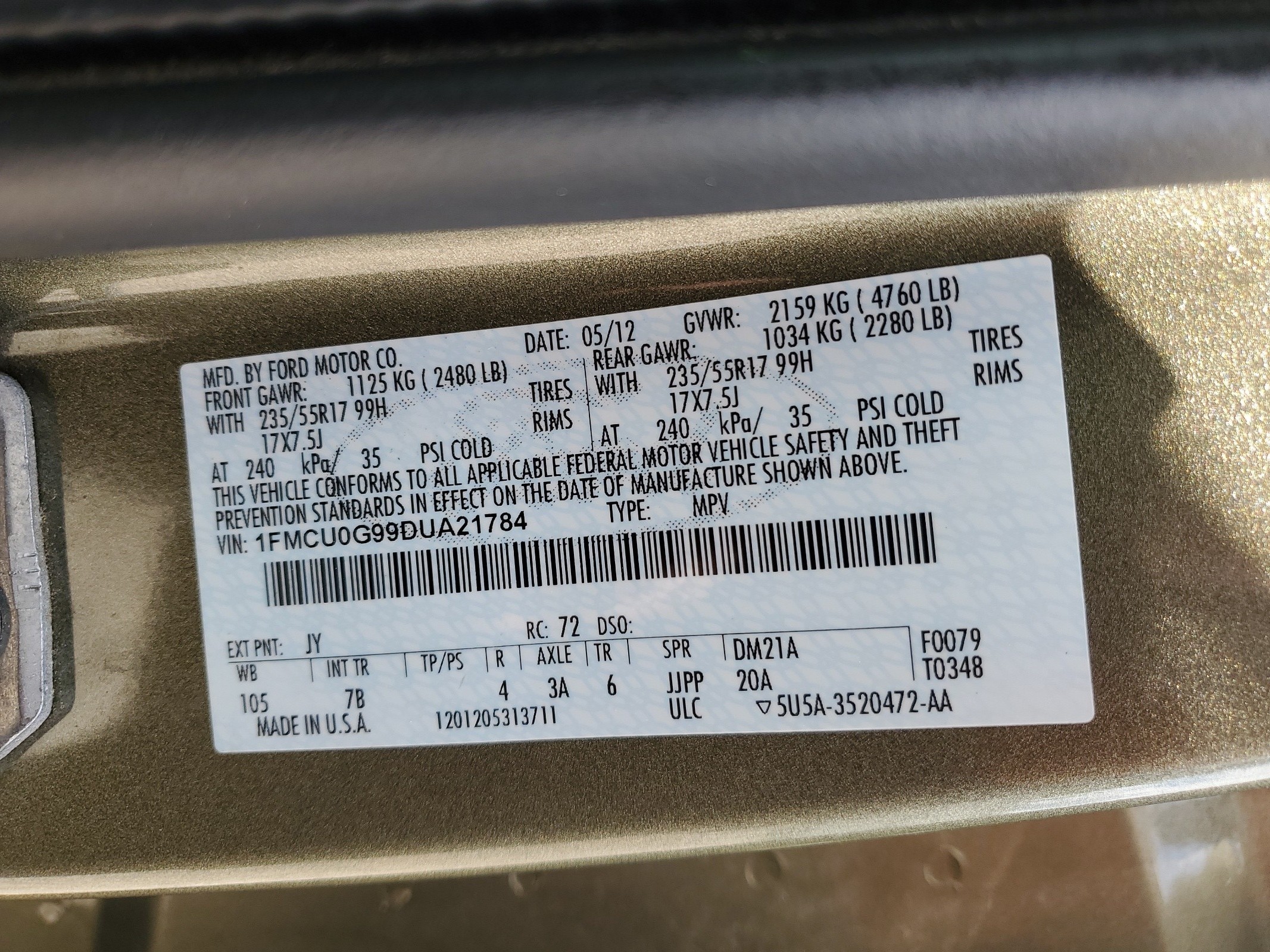 1FMCU0G99DUA21784 2013 Ford Escape Se