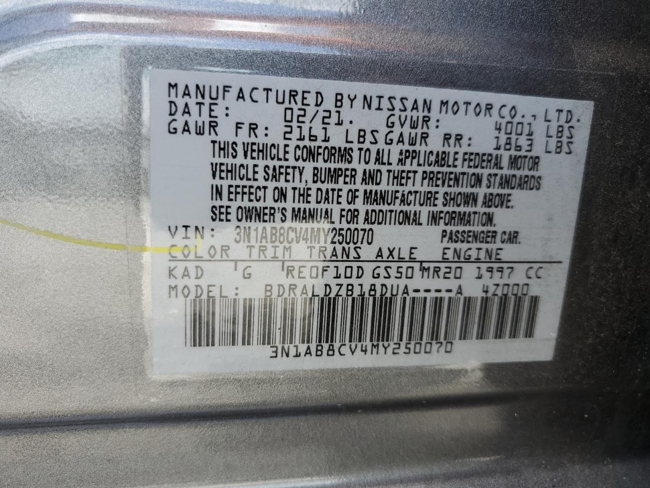 2021 Nissan Sentra Sv VIN: 3N1AB8CV4MY250070 Lot: 64296374