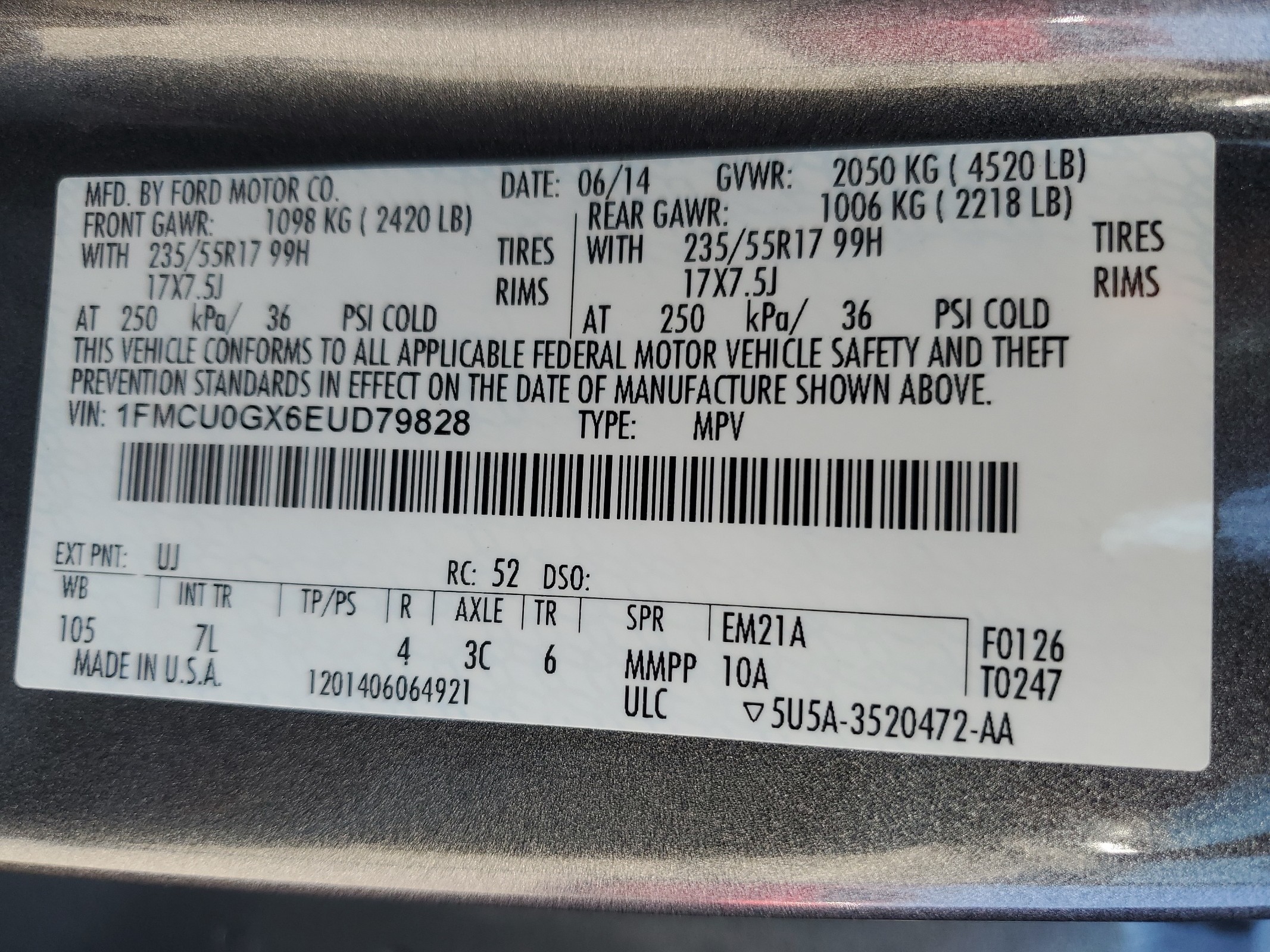 1FMCU0GX6EUD79828 2014 Ford Escape Se