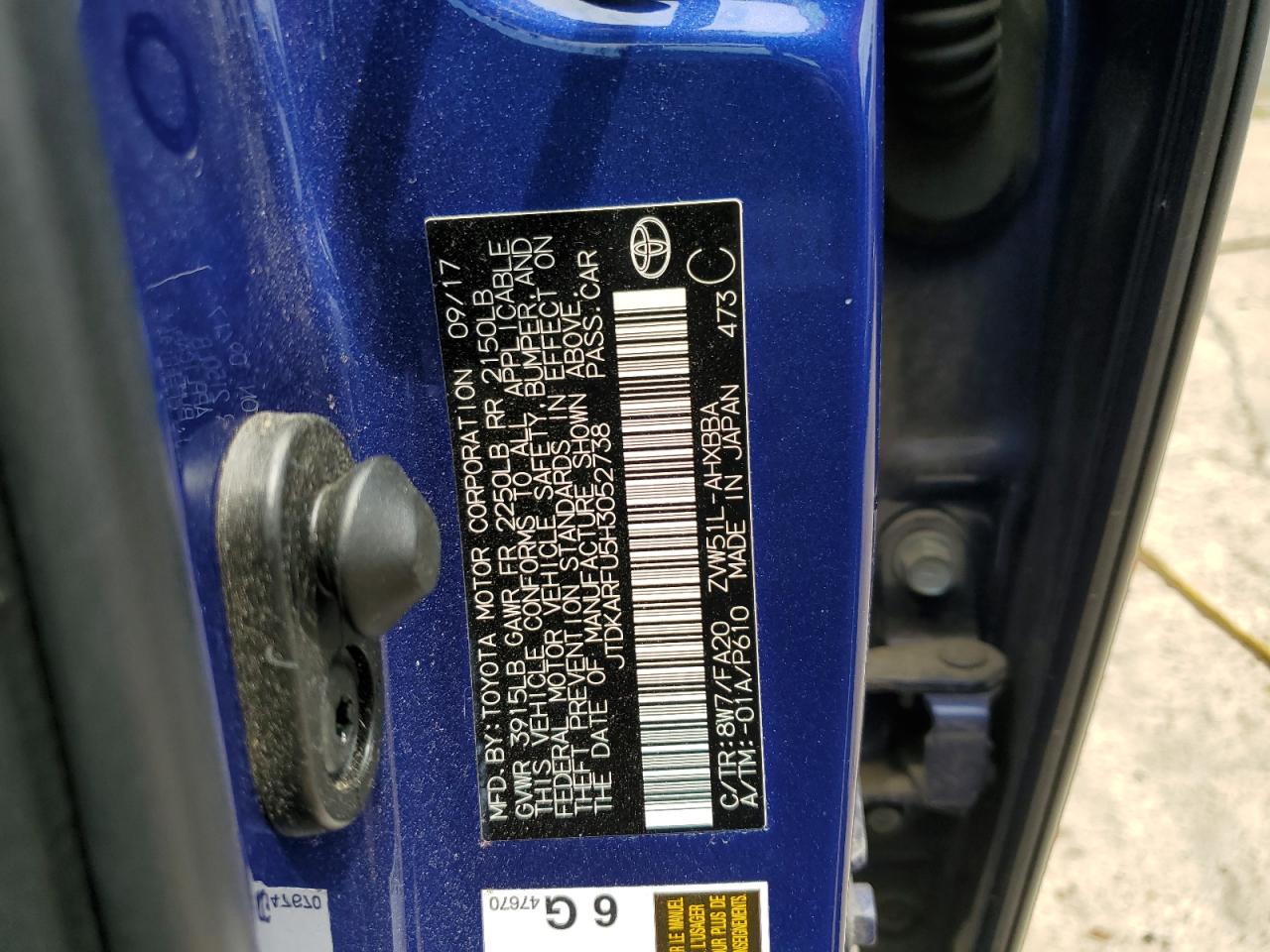 2017 Toyota Prius VIN: JTDKARFU5H3052738 Lot: 63679804