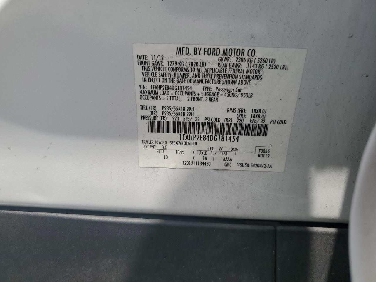 2013 Ford Taurus Sel VIN: 1FAHP2E84DG181454 Lot: 64186504