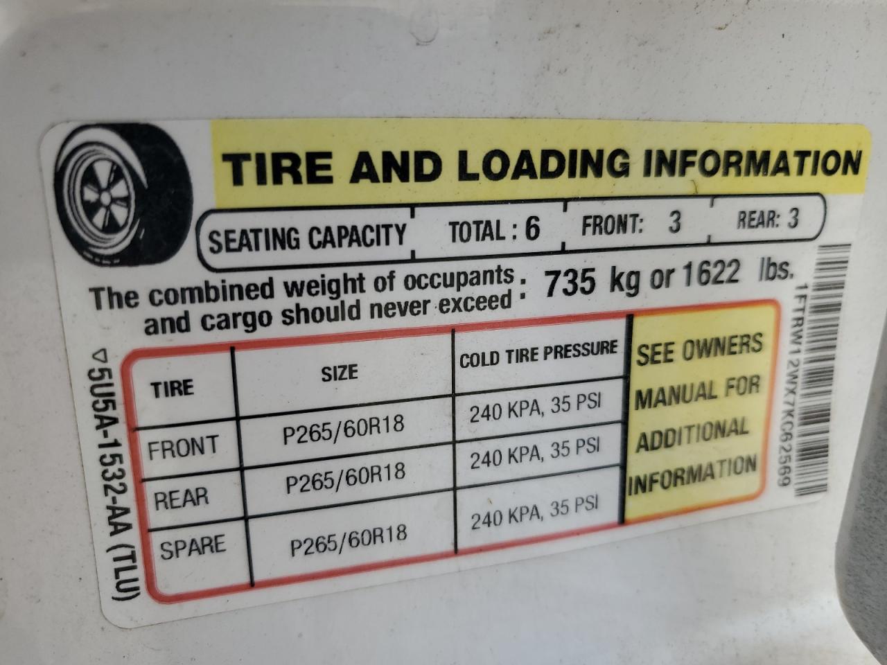 2007 Ford F150 Supercrew VIN: 1FTRW12WX7KC62569 Lot: 62084754