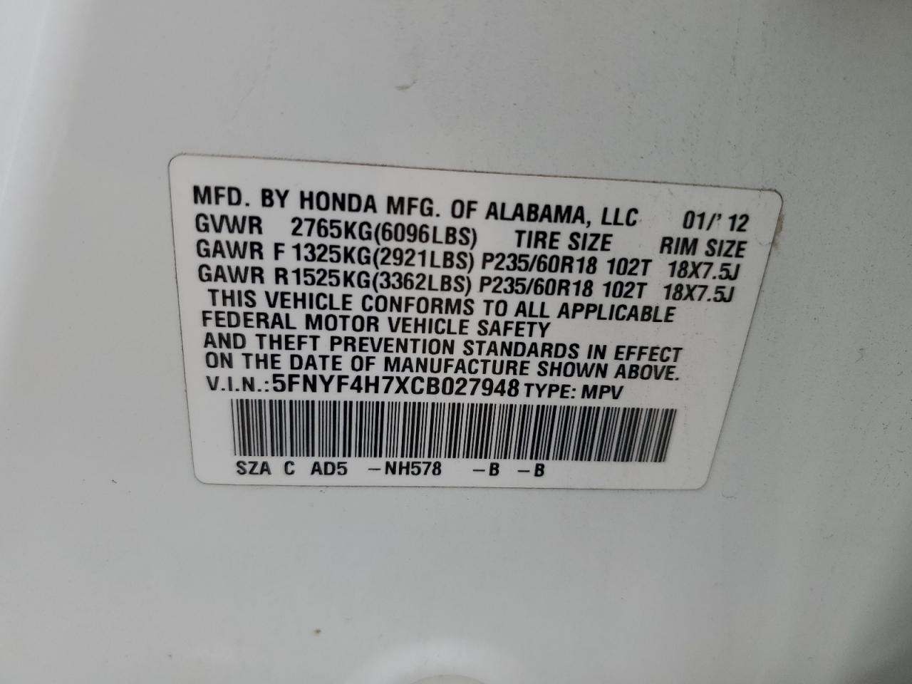 2012 Honda Pilot Exln VIN: 5FNYF4H7XCB027948 Lot: 64398524