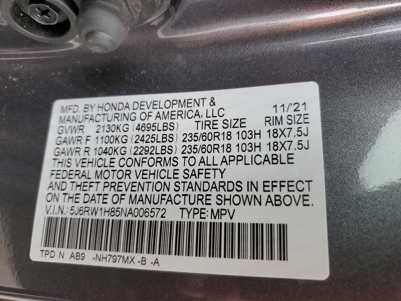 5J6RW1H85NA006572 Honda CRV CR-V EXL 16