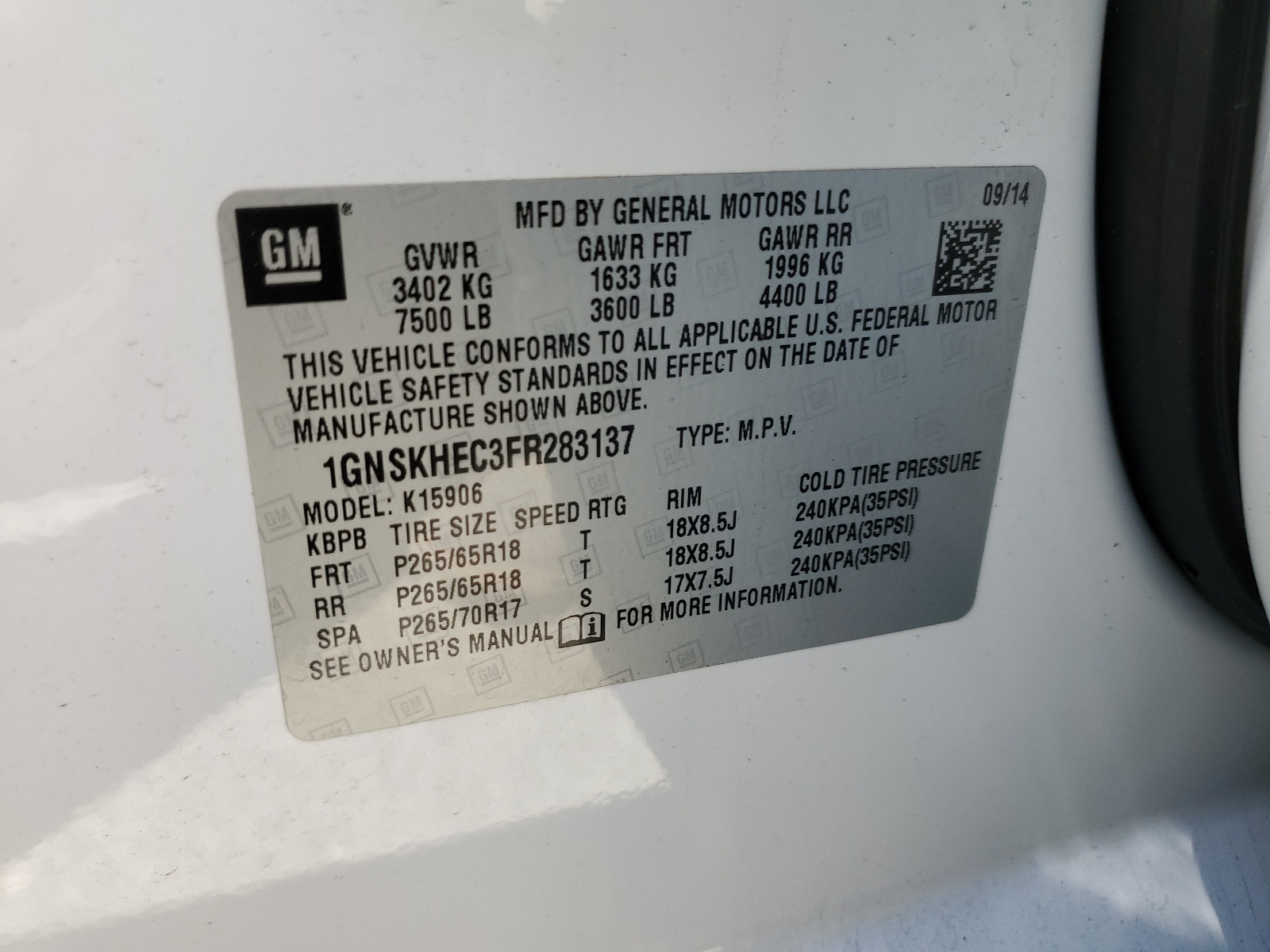 1GNSKHEC3FR283137 2015 Chevrolet Suburban K1500 Ls