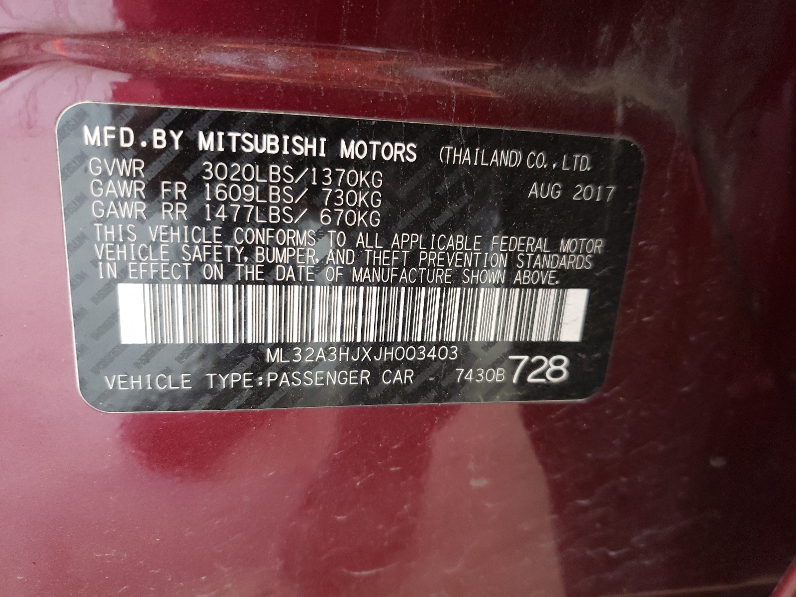 ML32A3HJXJH003403 2018 Mitsubishi Mirage Es