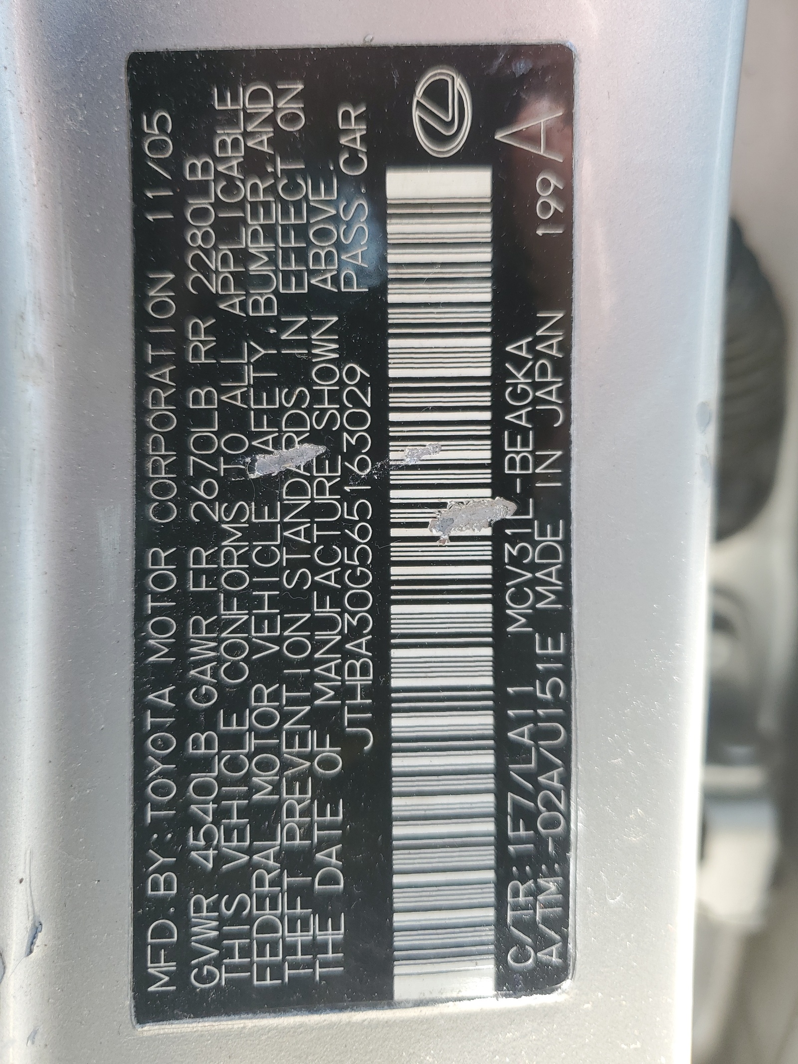 JTHBA30G565163029 2006 Lexus Es 330