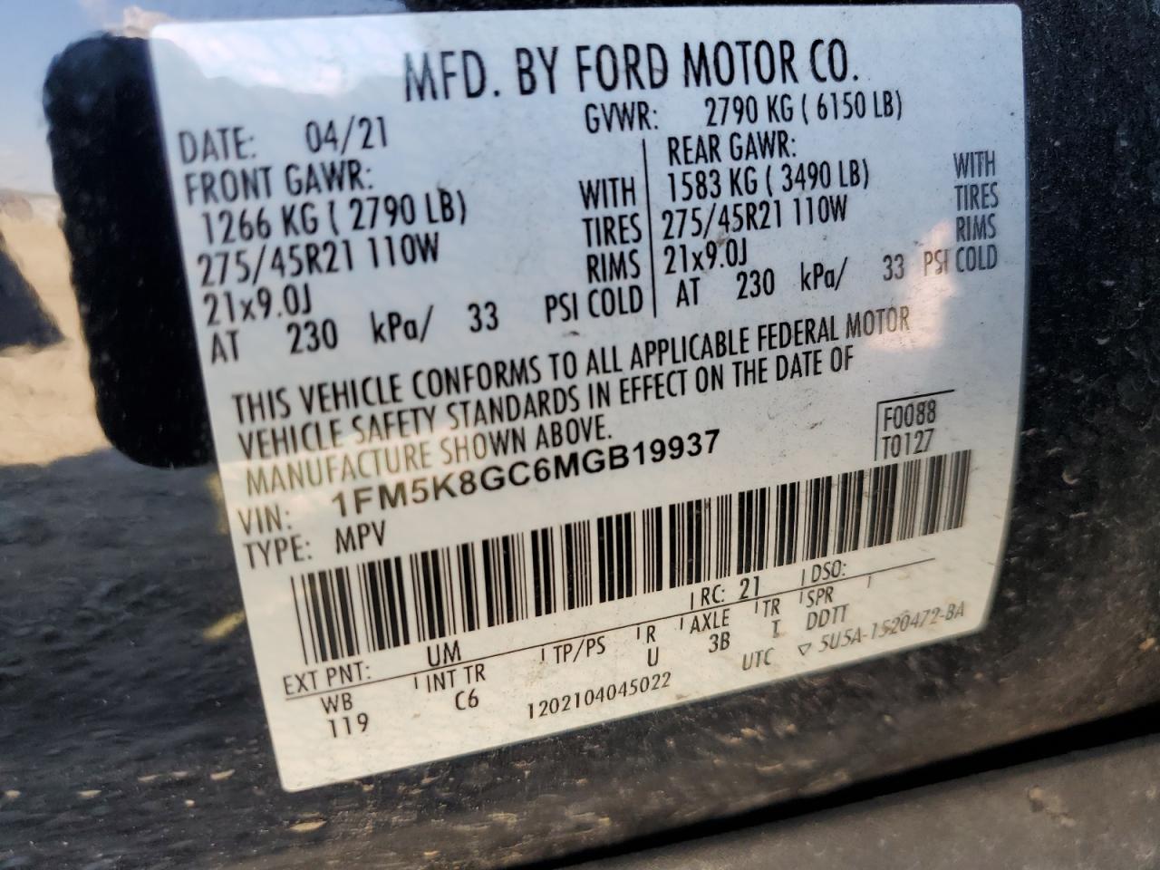 2021 Ford Explorer St VIN: 1FM5K8GC6MGB19937 Lot: 61852734