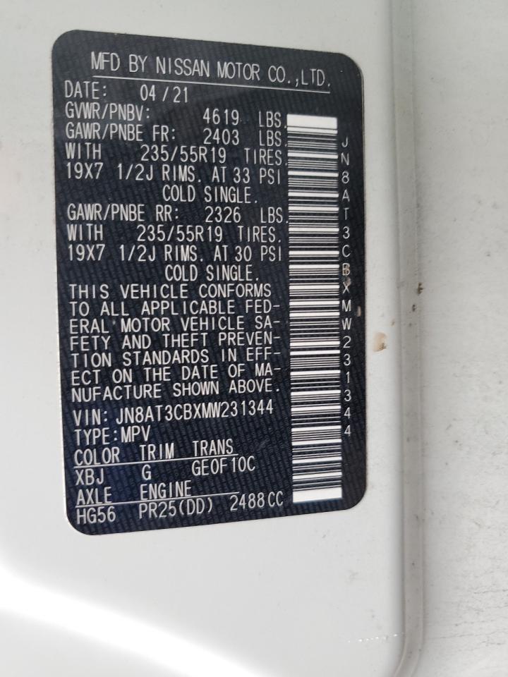 2021 Nissan Rogue Sl VIN: JN8AT3CBXMW231344 Lot: 64365924