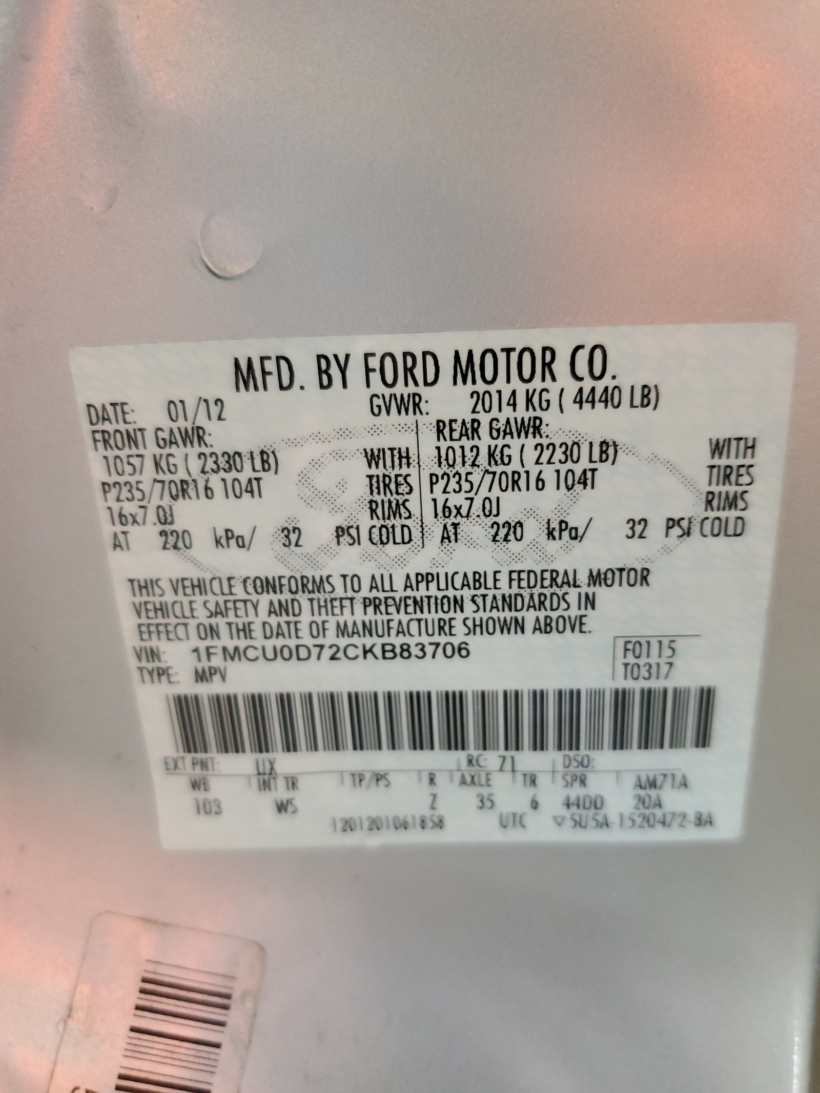 1FMCU0D72CKB83706 2012 Ford Escape Xlt