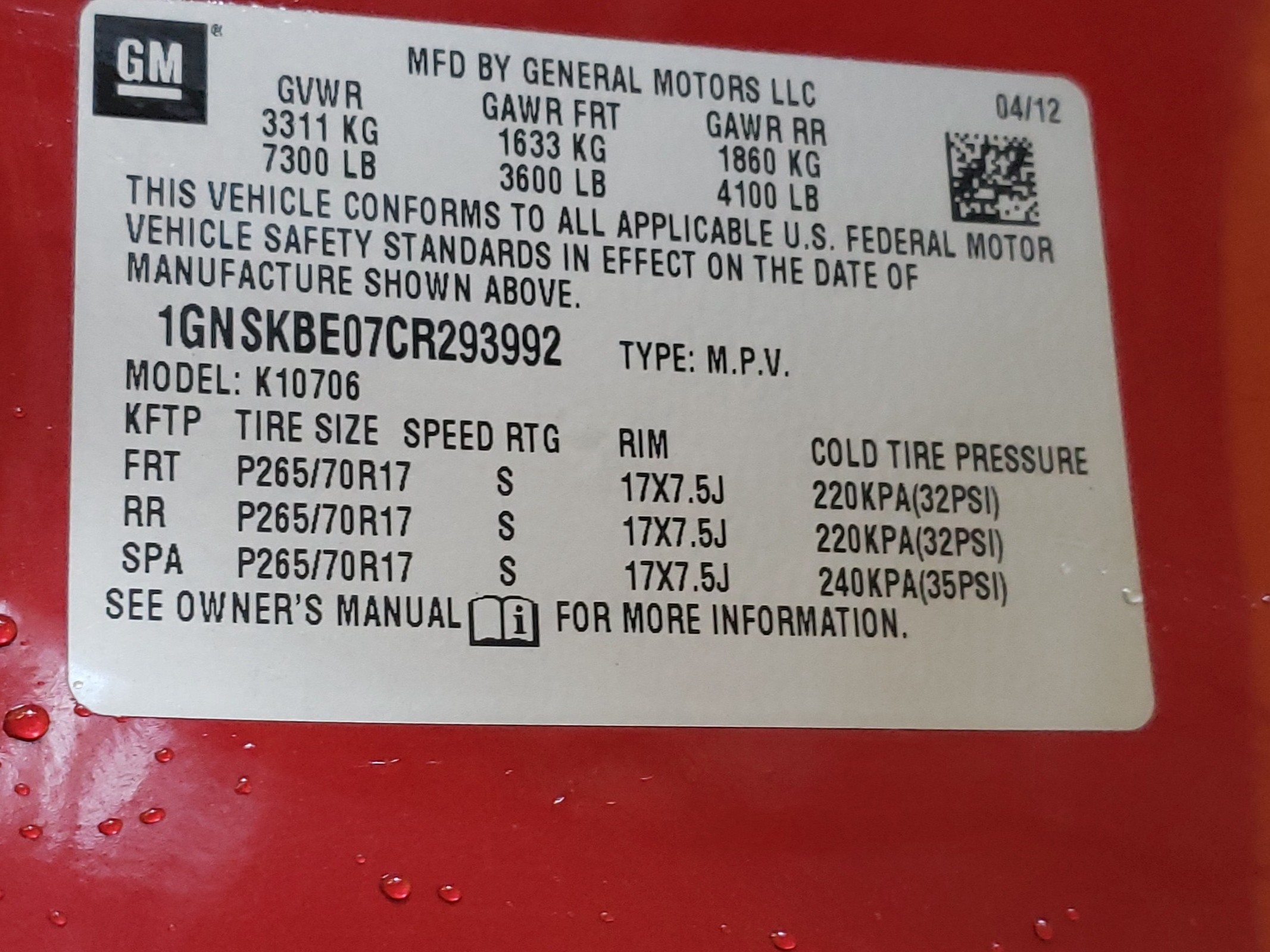 1GNSKBE07CR293992 2012 Chevrolet Tahoe K1500 Lt