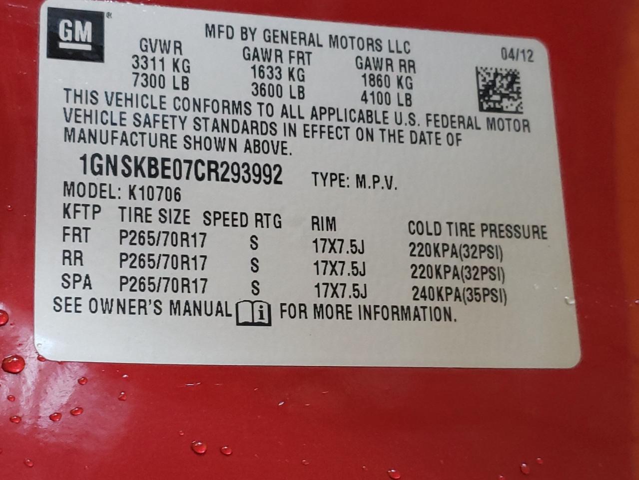 2012 Chevrolet Tahoe K1500 Lt VIN: 1GNSKBE07CR293992 Lot: 60949414