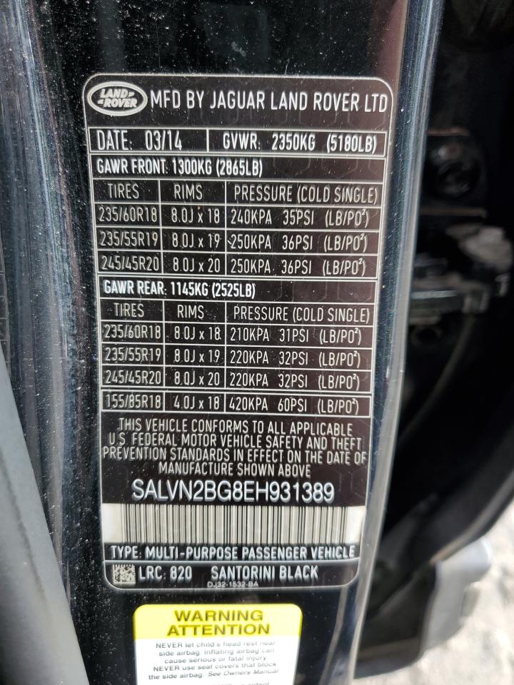 2014 Land Rover Range Rover Evoque Pure VIN: SALVN2BG8EH931389 Lot: 64999994