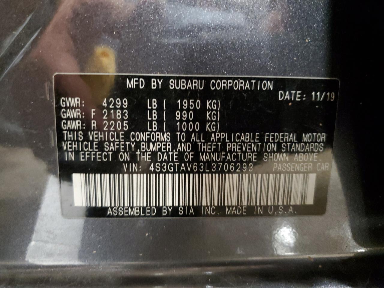 2020 Subaru Impreza Premium VIN: 4S3GTAV63L3706293 Lot: 64954644
