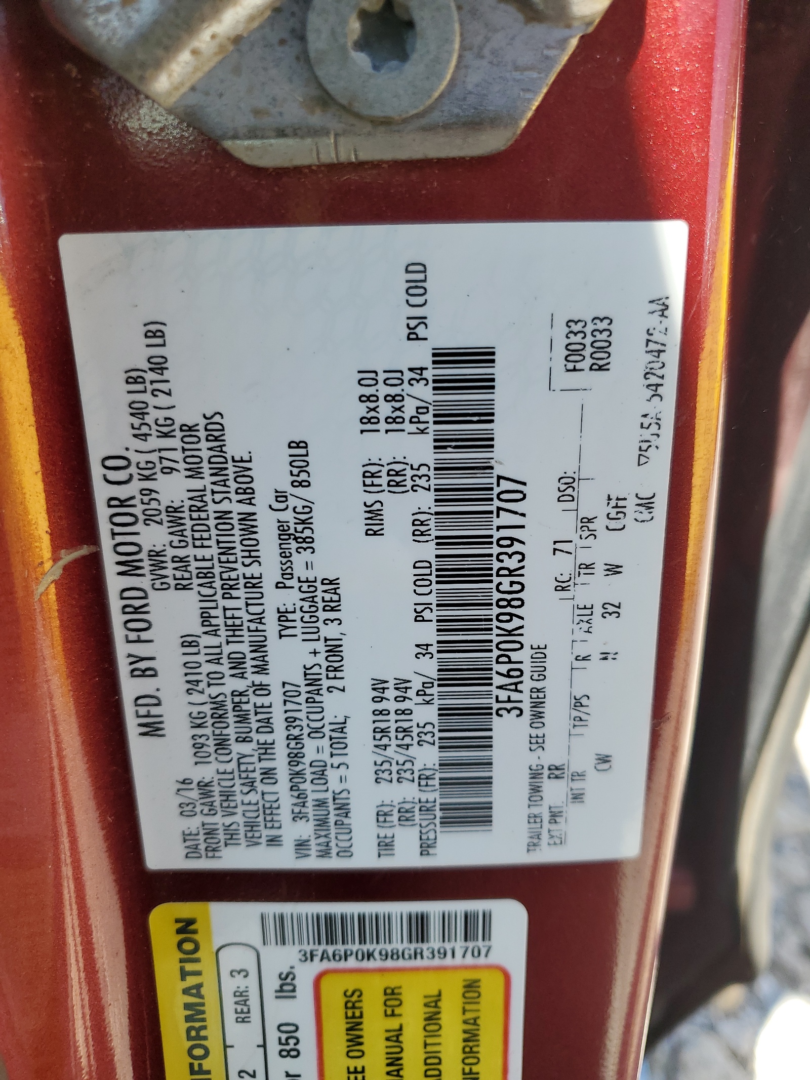 3FA6P0K98GR391707 2016 Ford Fusion Titanium