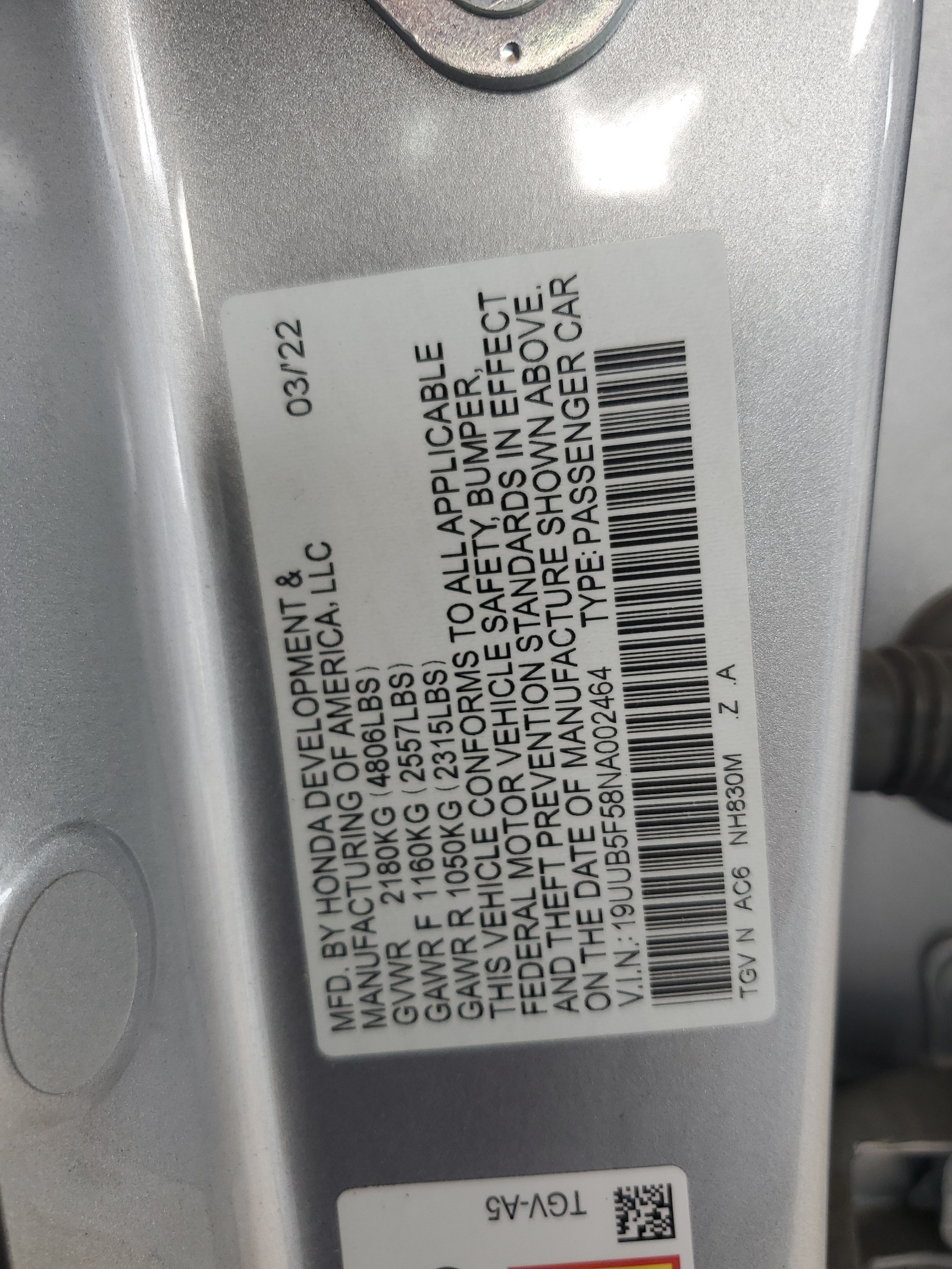 19UUB5F58NA002464 2022 Acura Tlx Tech A