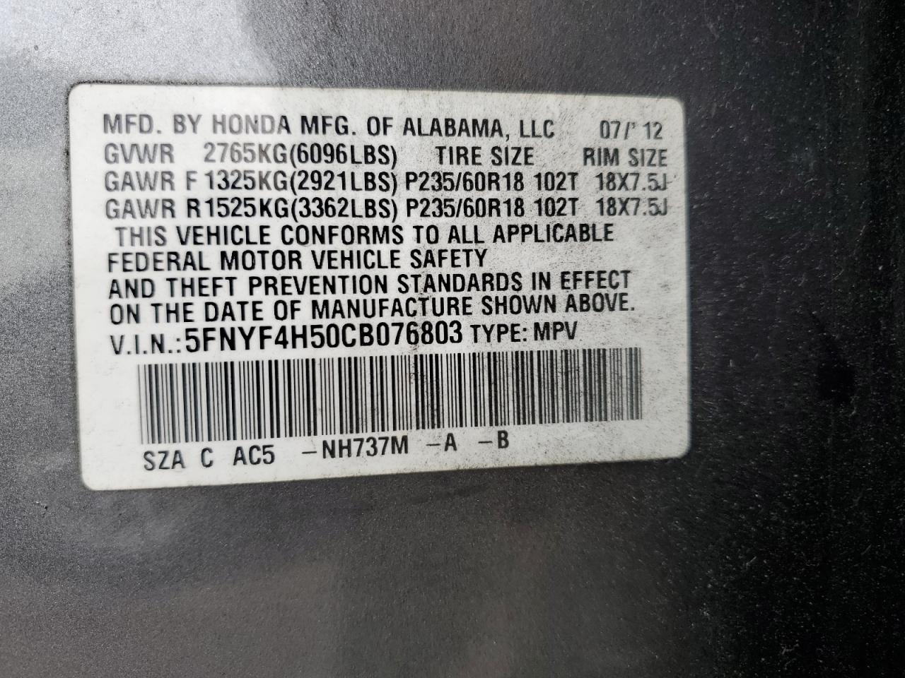 5FNYF4H50CB076803 2012 Honda Pilot Exl