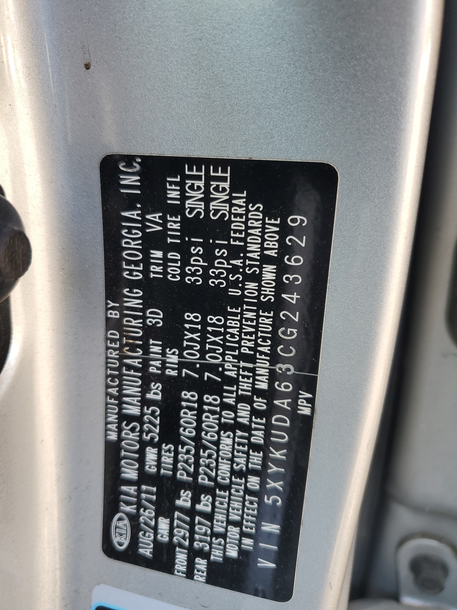 5XYKUDA63CG243629 2012 Kia Sorento Ex