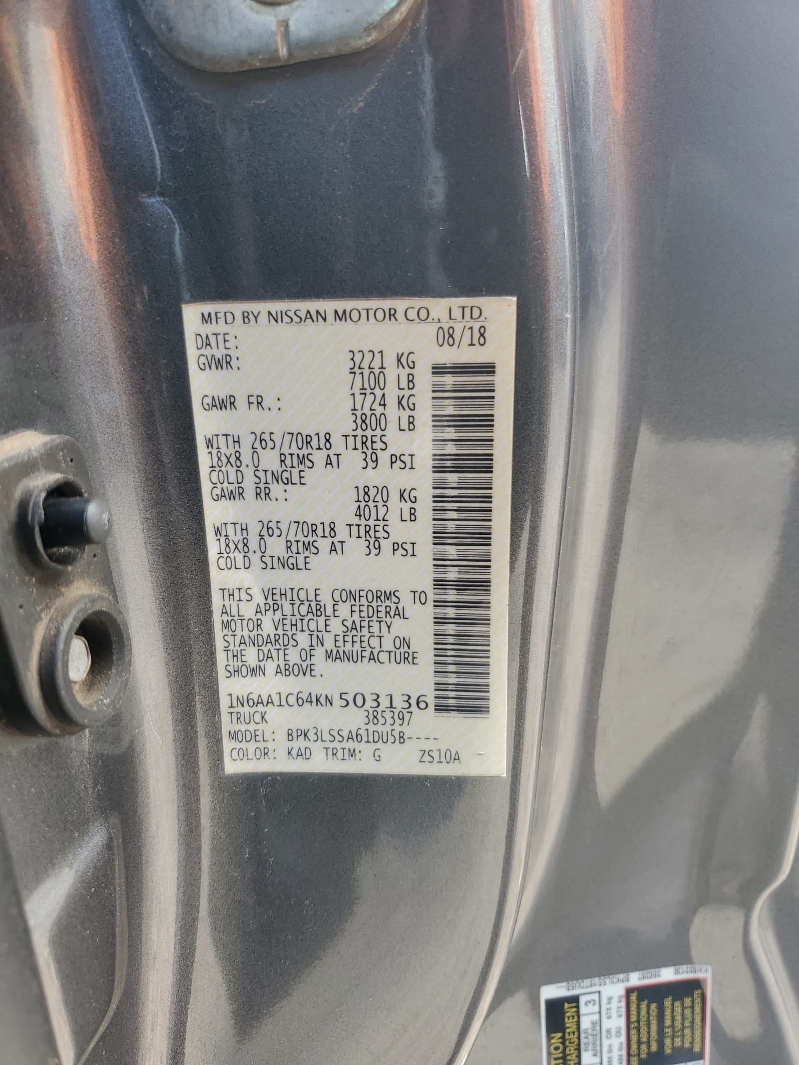 2019 Nissan Titan Sv vin: 1N6AA1C64KN503136