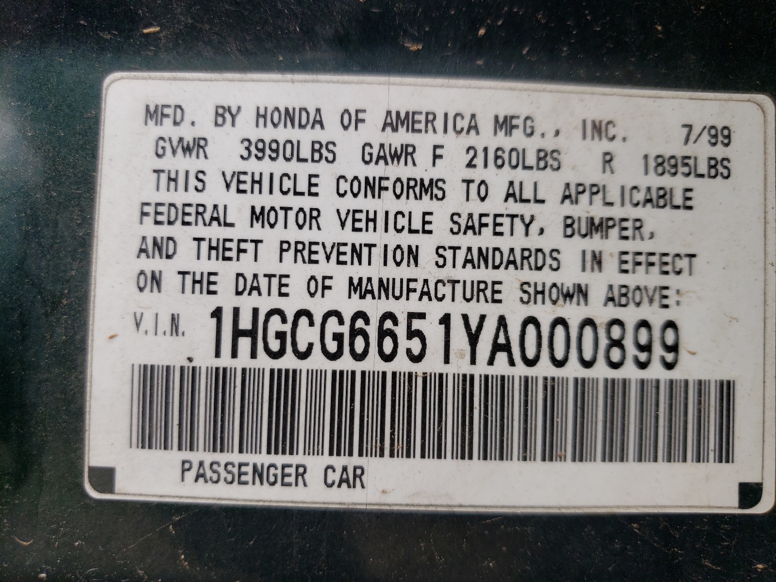 1HGCG6651YA000899 2000 Honda Accord Lx